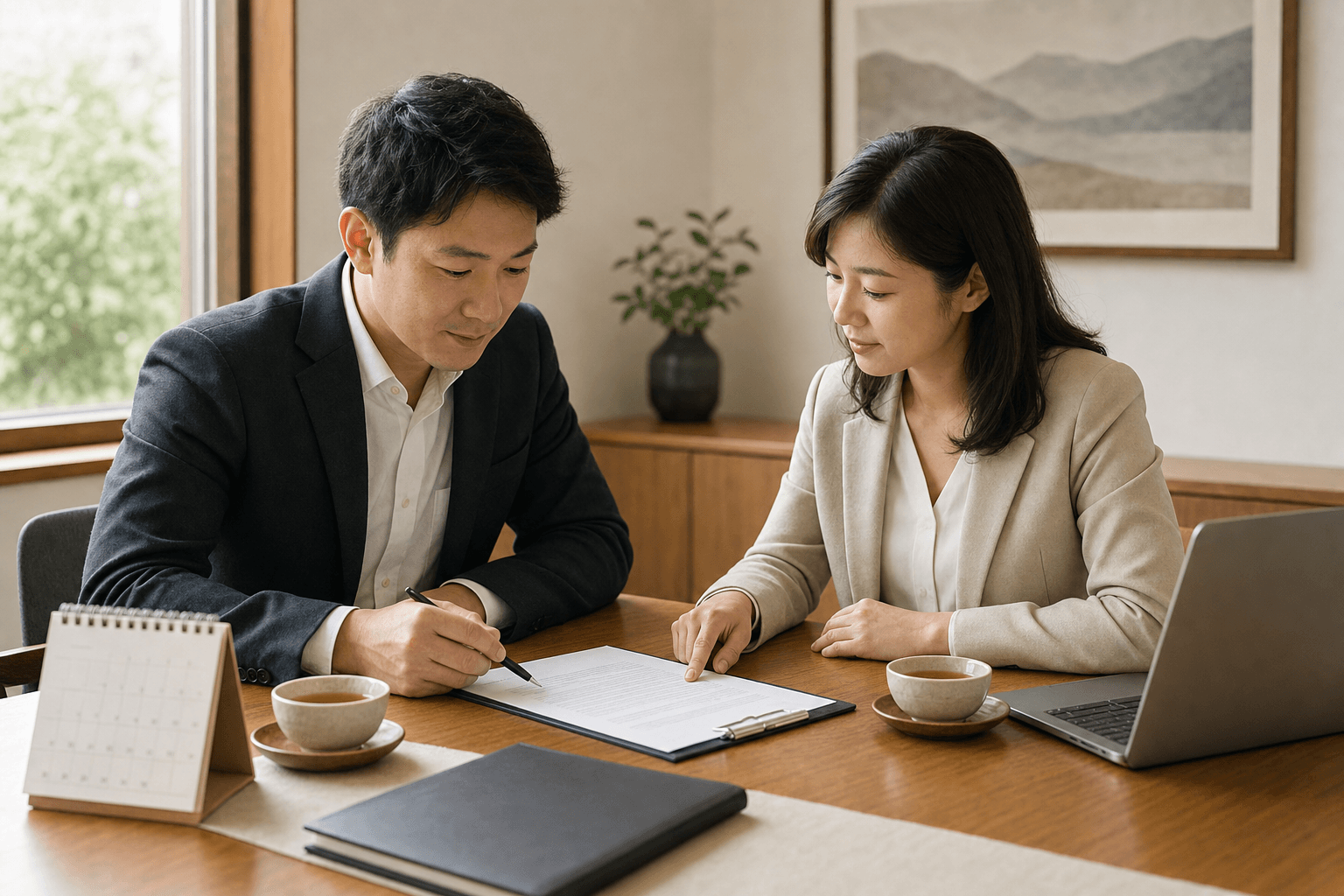 Two East Asian professionals reviewing a contract and desk calendar together in calm morning light before signing.