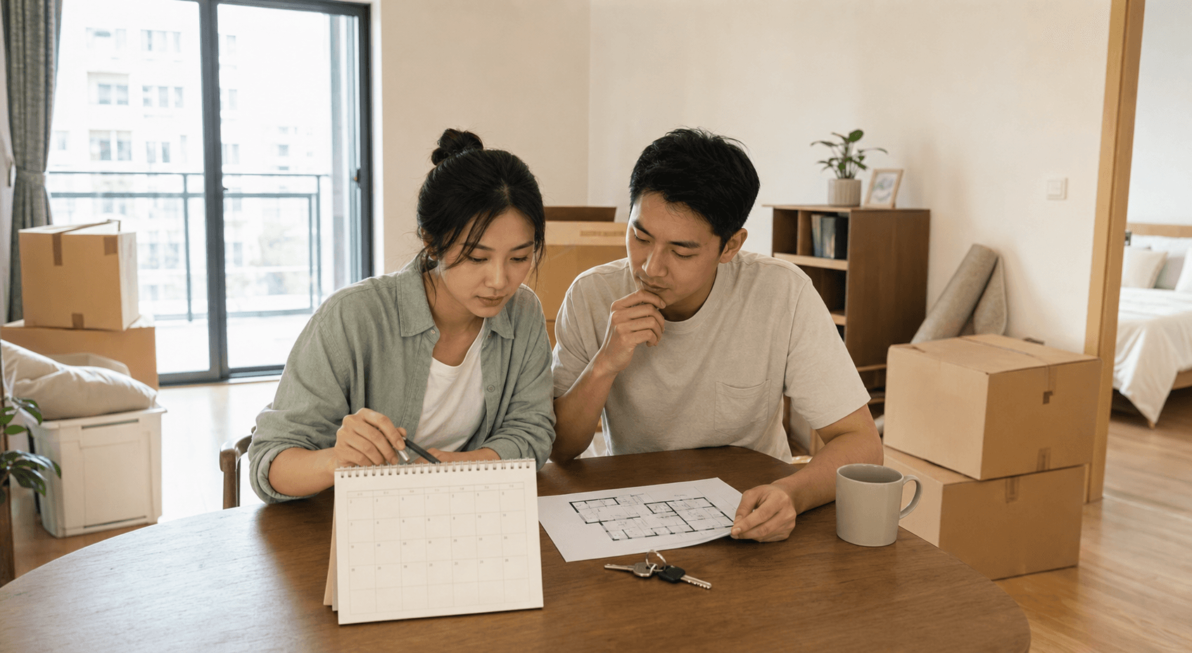 A couple planning their moving date at a table in their new apartment, with a calendar, floor plan, keys, and packed boxes.