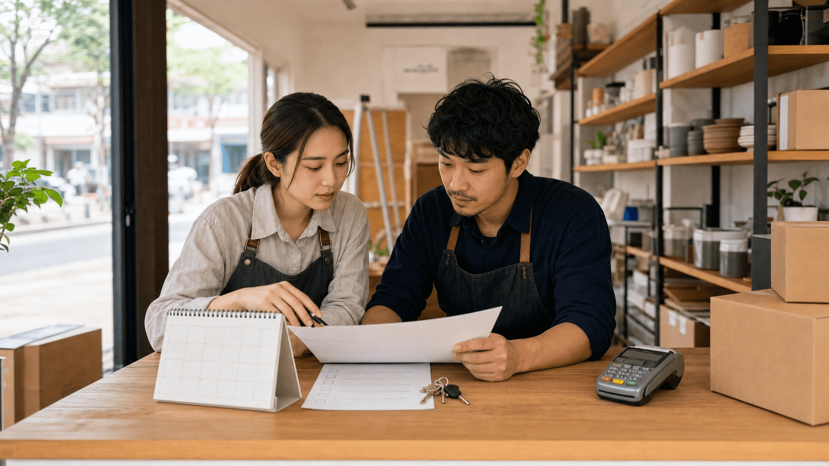 Two business partners planning an opening date inside their not-yet-open shop, with a calendar, launch checklist, and payment terminal.