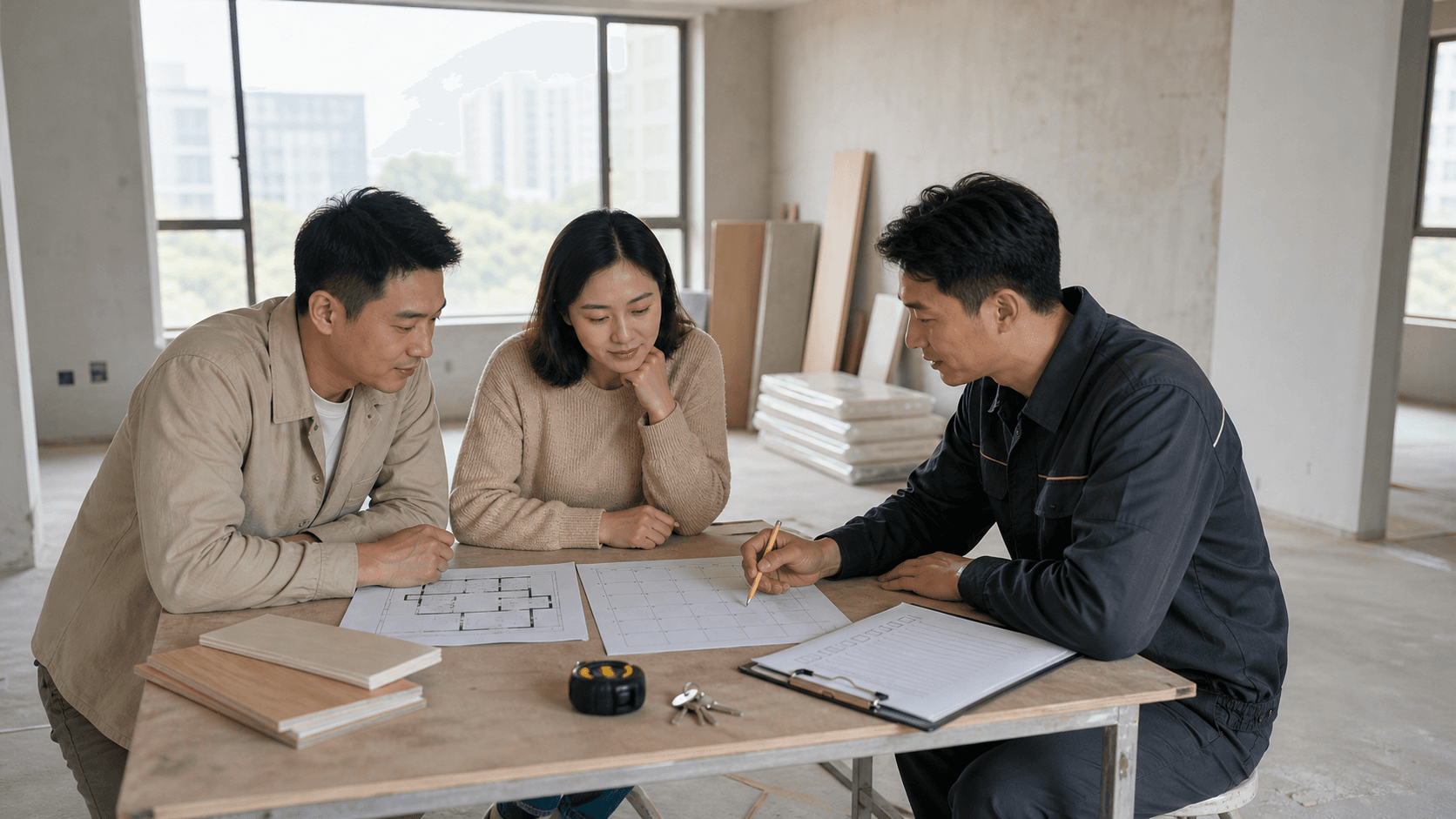 Homeowners and a site manager choosing a renovation start date inside an apartment before work begins, with a calendar, floor plan, and safety checklist.