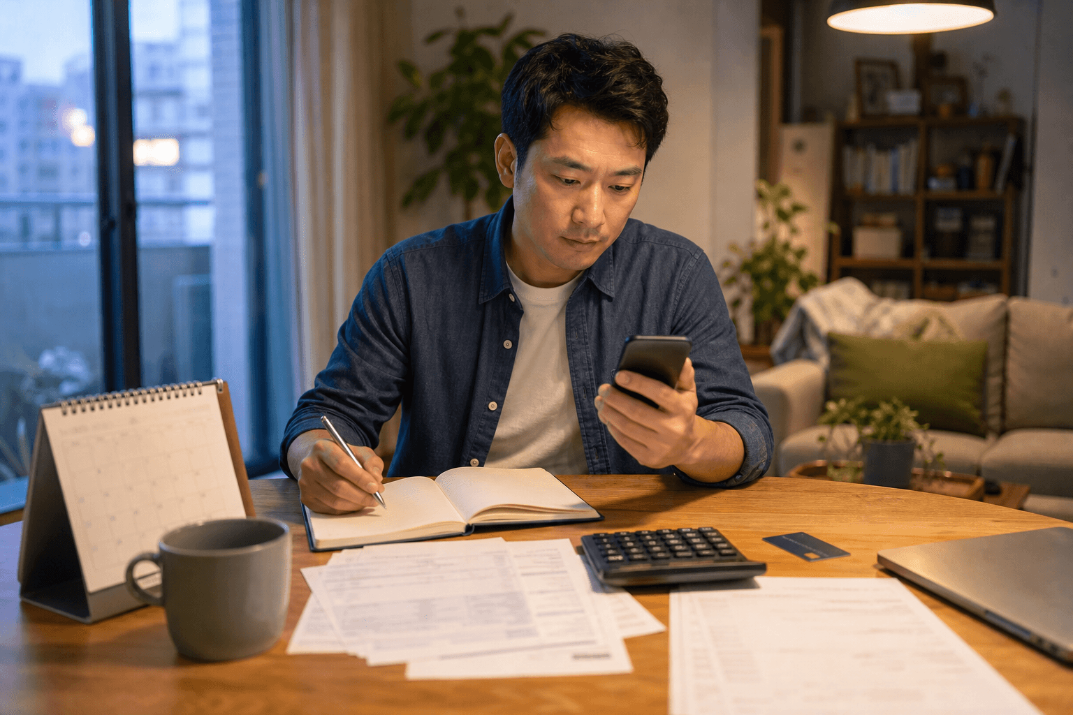 An East Asian freelancer at home reviewing a calendar, invoices, calculator, and phone to understand why income is not becoming savings.