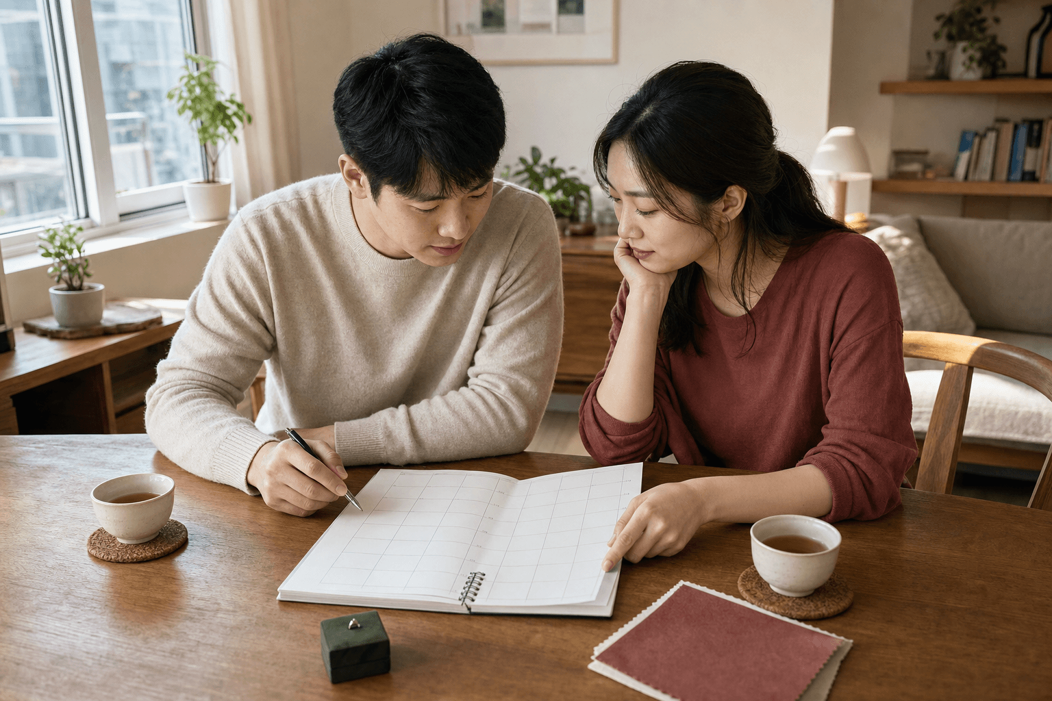 An engaged couple calmly comparing wedding dates at their dining table with a paper calendar, tea, and a fabric swatch.