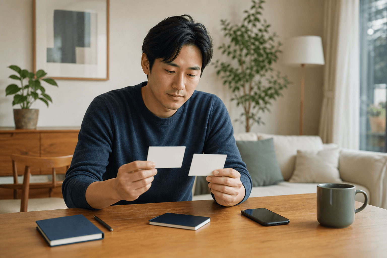 An East Asian professional at home comparing two blank name cards beside a phone, notebook, and generic document cover.